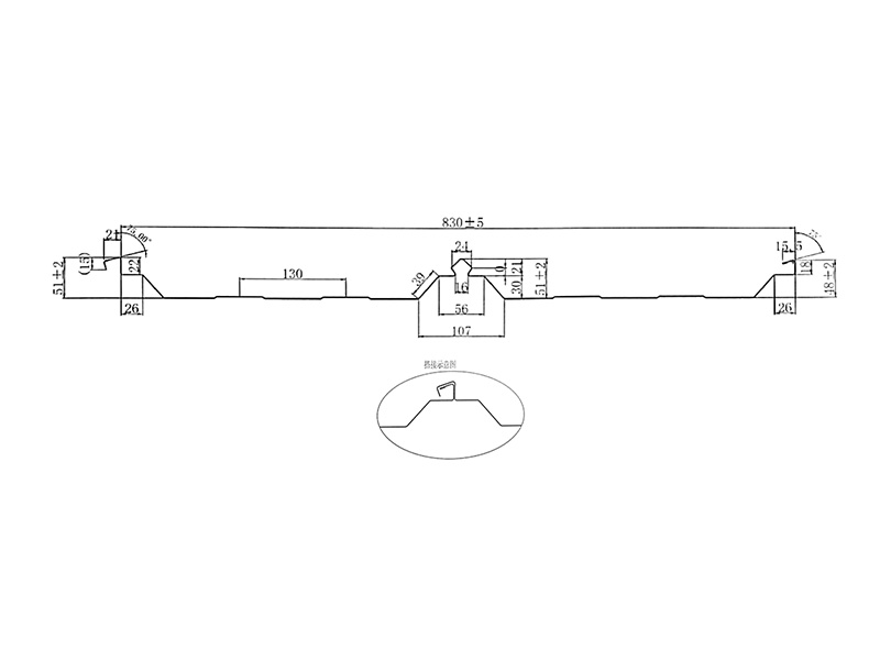 830型直立360度锁边屋面暗扣板型：YX51-415-830型